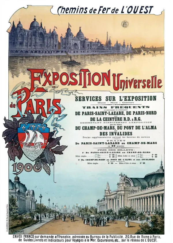 Affiche de la Compagnie de l'Ouest vantant les services Ouest, Nord et Ceinture sur l'Exposition de 1900 au Champ-de-Mars 