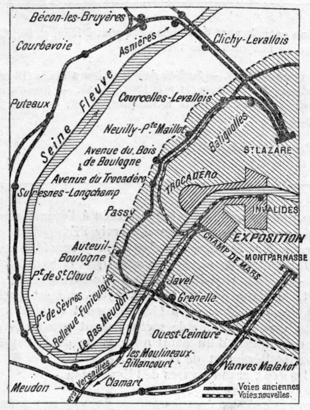 Carte montrant l'emplacement de l'Exposition et les lignes de chemin de fer la desservant 