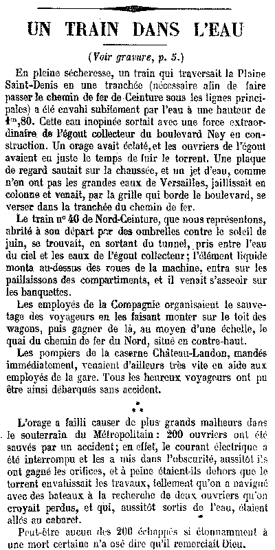 Article de presse décrivant l'inondation de la station La Chapelle-Saint Denis.