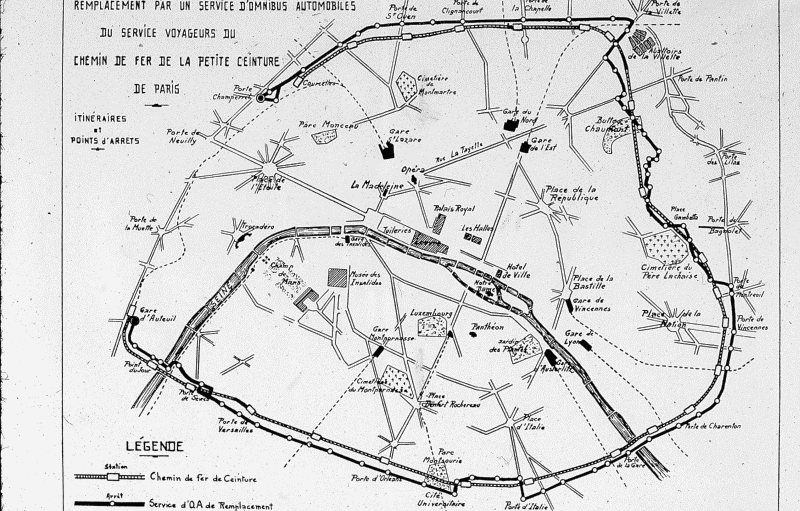 Carte du bus de remplacement du service voyageurs de la Petite Ceinture entre les portes d'Auteuil et Champerret