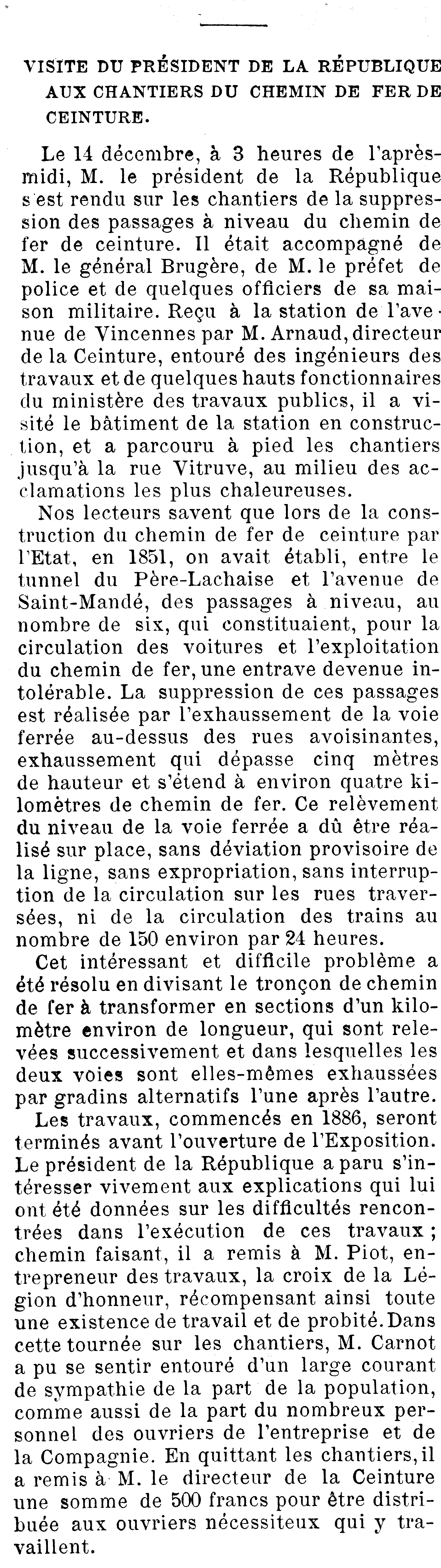 Article décrivant la visite du Président de la République aux chantiers du Chemin de fer de Ceinture le 14 décembre 1888.