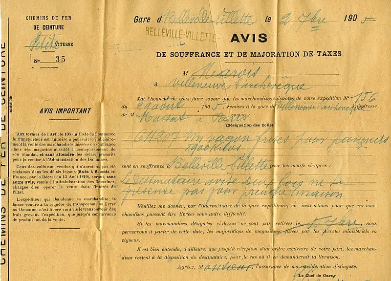 Avis de souffrance de marchandises en gare de Belleville-Villette. 