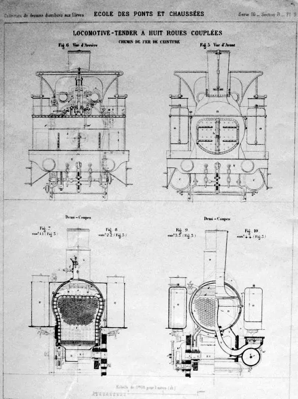 Plan du modèle de locomotive 040 T, série 1 à 7, du chemin de fer de Ceinture. Vue de face. 