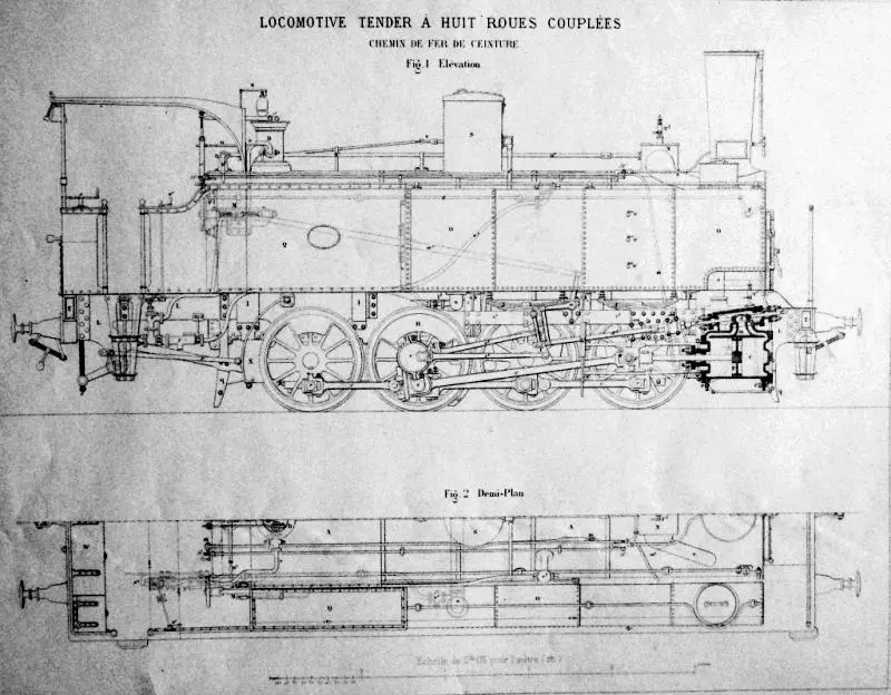 Plan du modèle de locomotive 040 T, série 1 à 7, du chemin de fer de Ceinture. Vue de profil. 