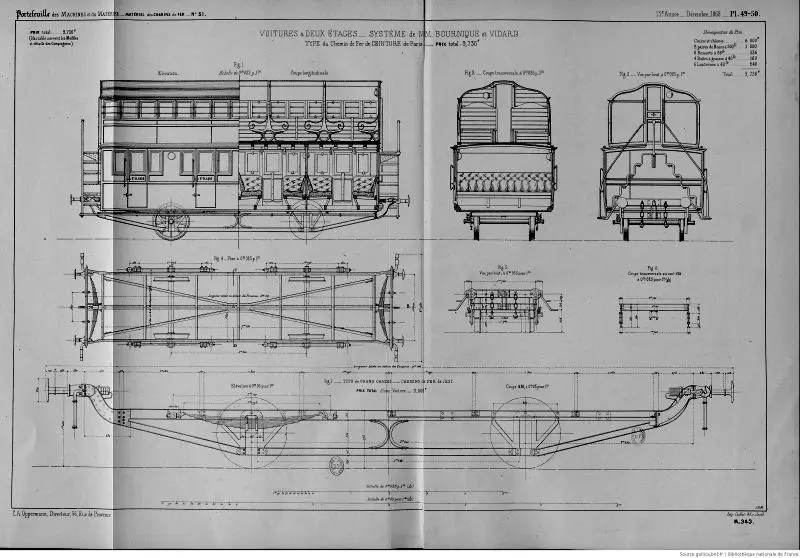 Planche présentant les voitures à deux étages du chemin de fer de Ceinture, datant de 1868. 