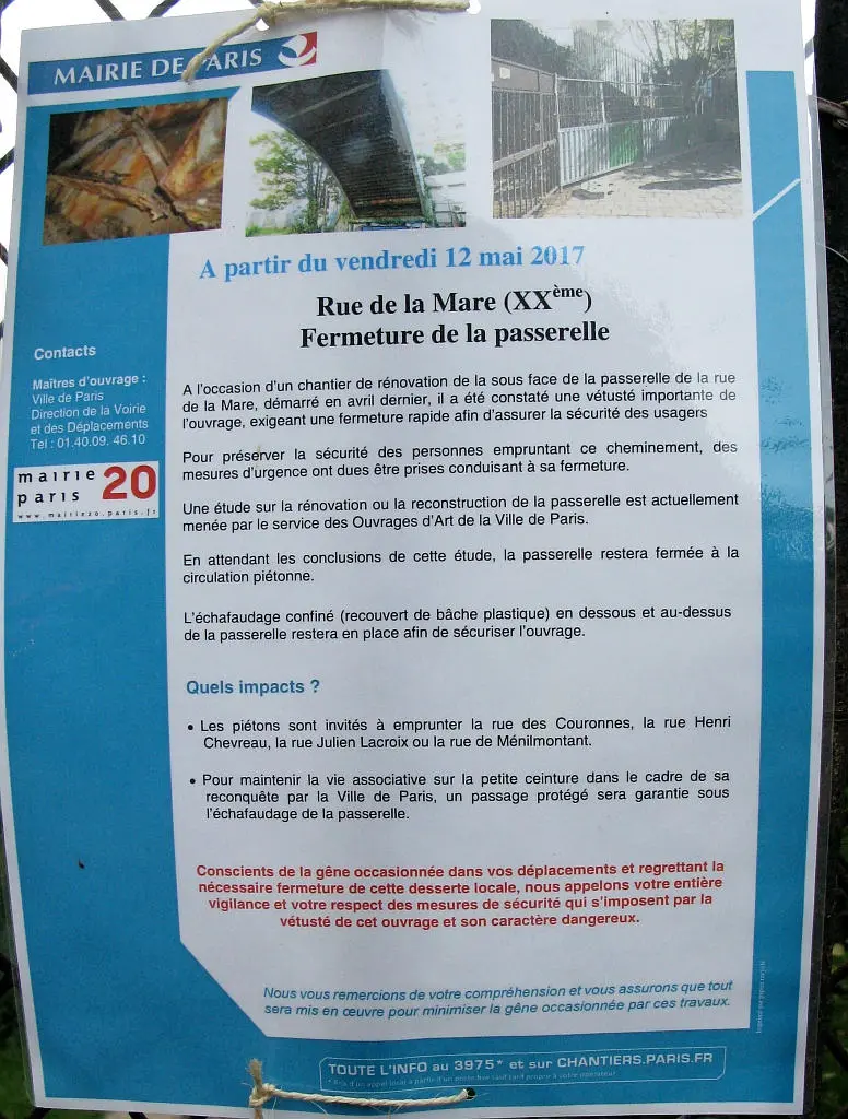 Fermeture pour travaux d'inspection de la passerelle de la rue de la Mare à partir du 12 mai 2017