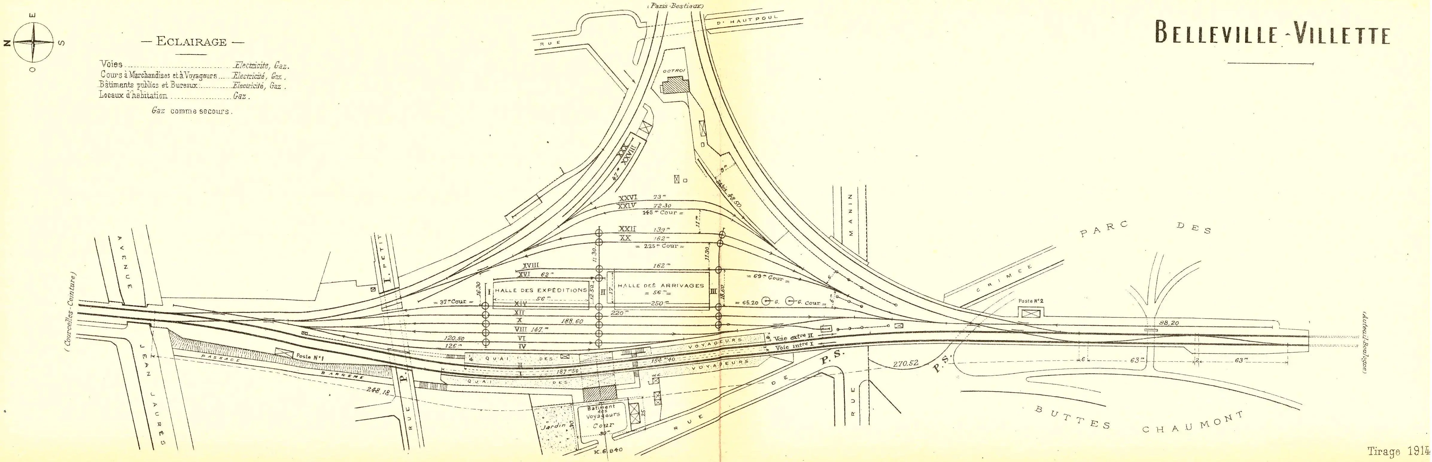 Plan des installations de la gare de Belleville-Villette en 1914 