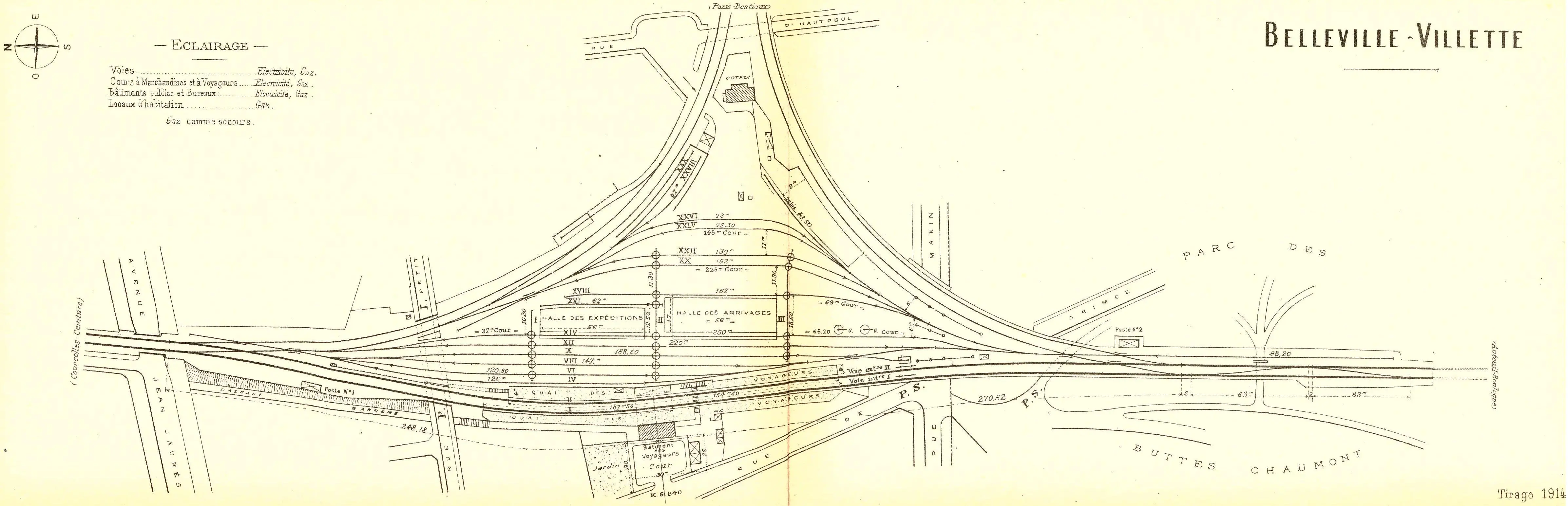 Plan des installations de la gare de Belleville-Villette en 1914