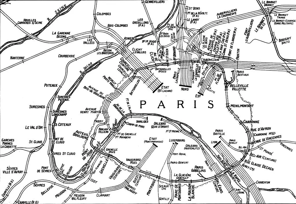 Plans des voies de la Petite Ceinture au sein du réseau francilien en 1924