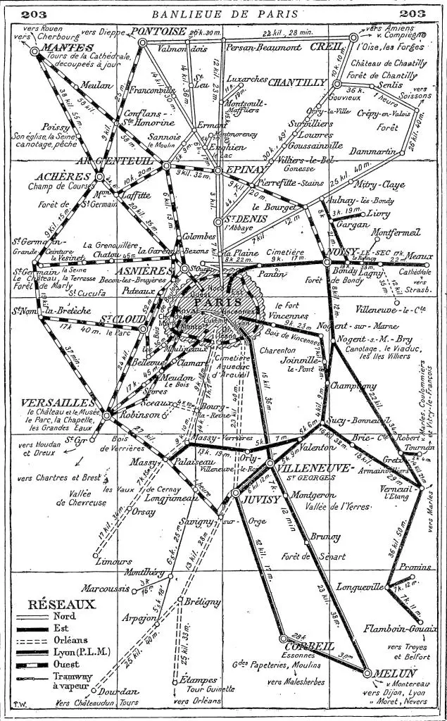 Carte du réseau ferré francilien ouvert au service des voyageurs en 1908 