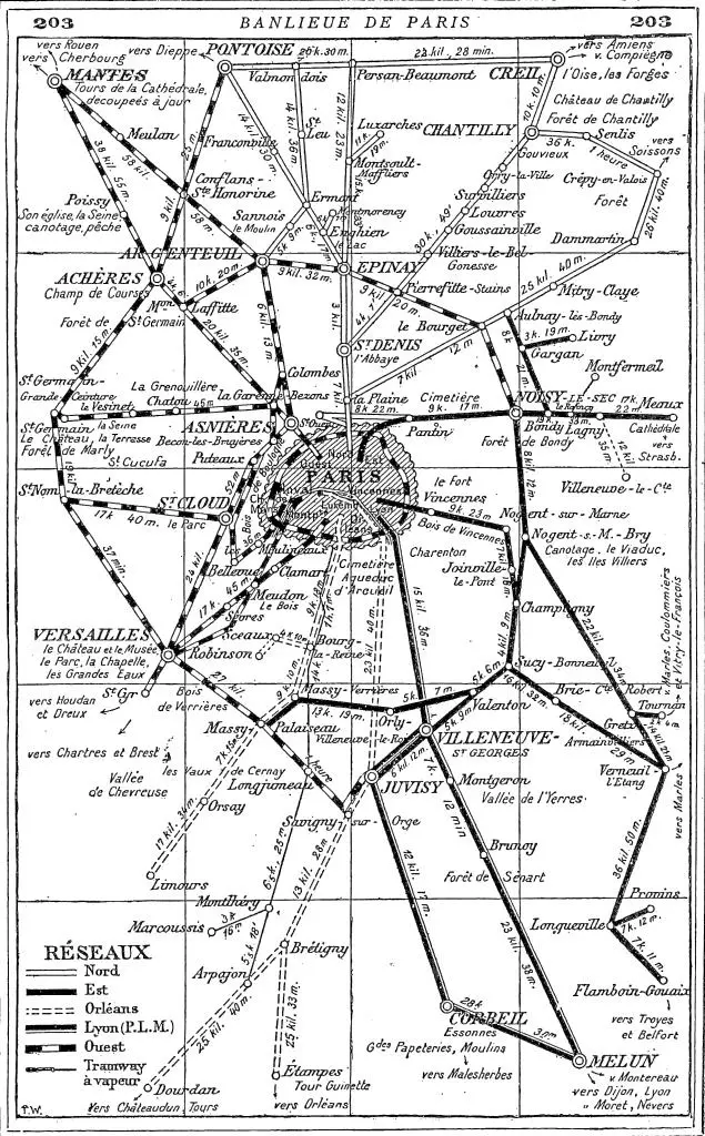 Carte du réseau ferré francilien ouvert au service des voyageurs en 1908
