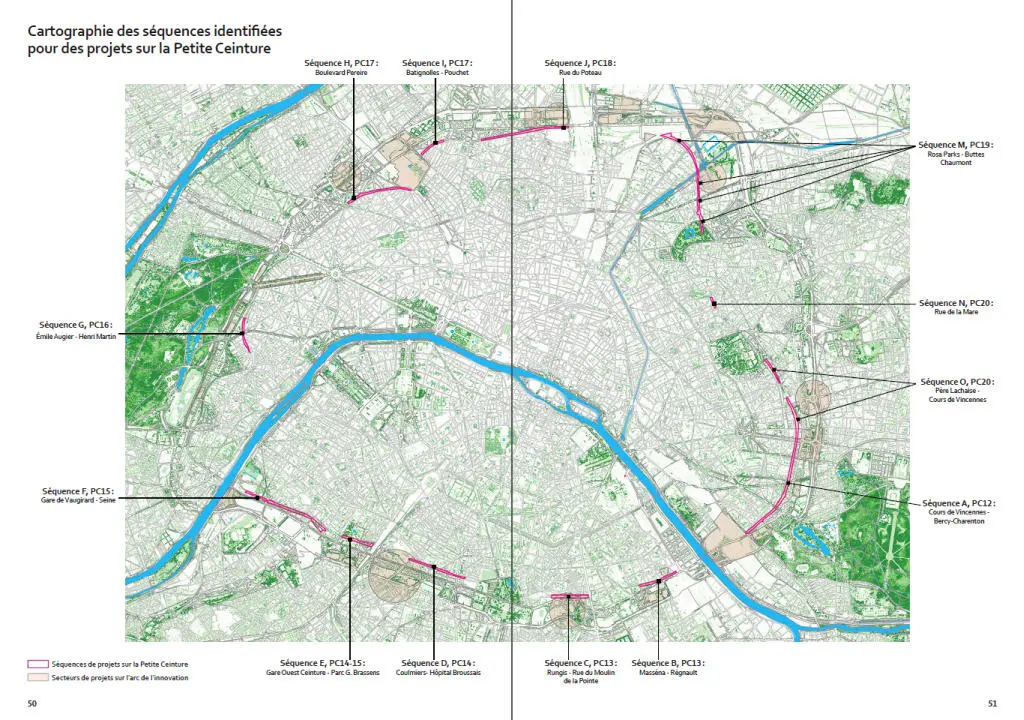 Cartographie des séquences identifiées pour des projets sur la Petite Ceinture 