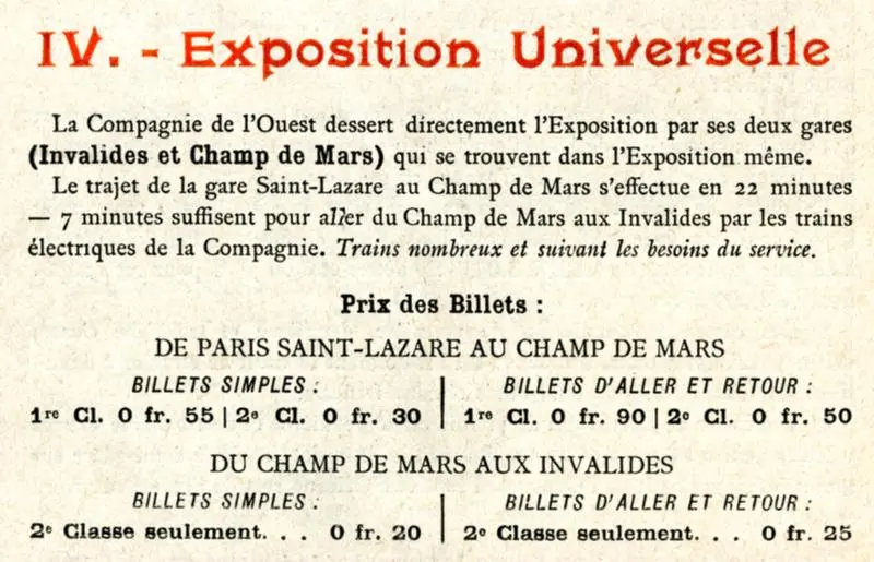 Horaires et tarifs de la navette Saint Lazare-Champs de Mars pendant l'Exposition de 1900 