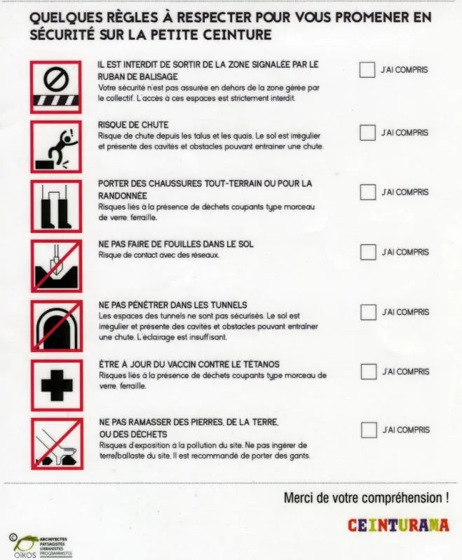 Liste des règles à accepter pour accéder à la plate-forme de la Petite Ceinture dans le cadre des chantiers participatifs 