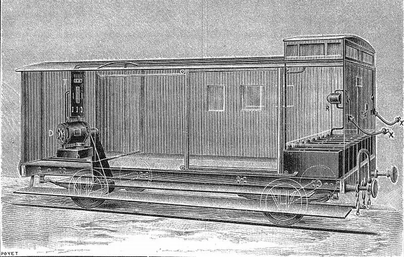 Dispositif d'alimentation en électricité des trains de la Petite Ceinture à partir de 1909.