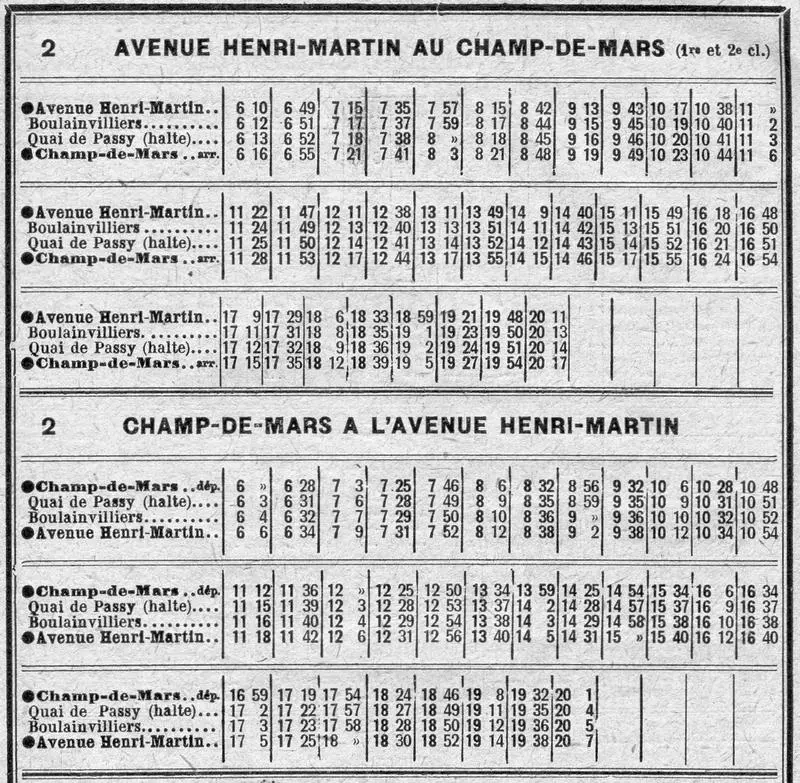 Horaires de la navette circulant entre les stations Avenue Henri Martin et Champs de Mars à l'été 1921 
