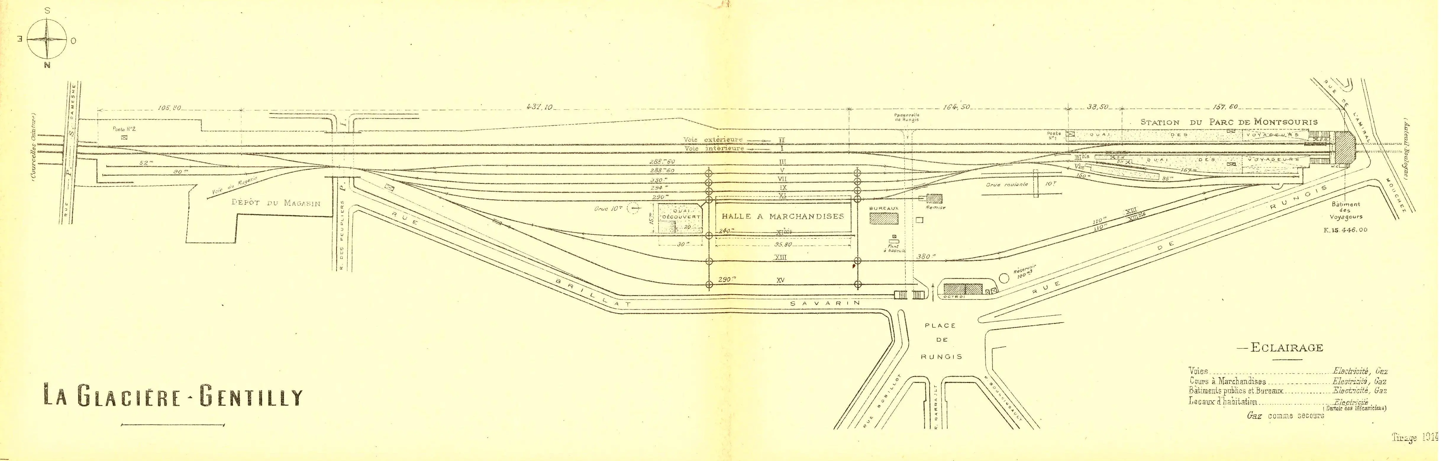 Plan des installations de la gare aux marchandises de la Glacière-Gentilly et de la station Parc Montsouris en 1914 