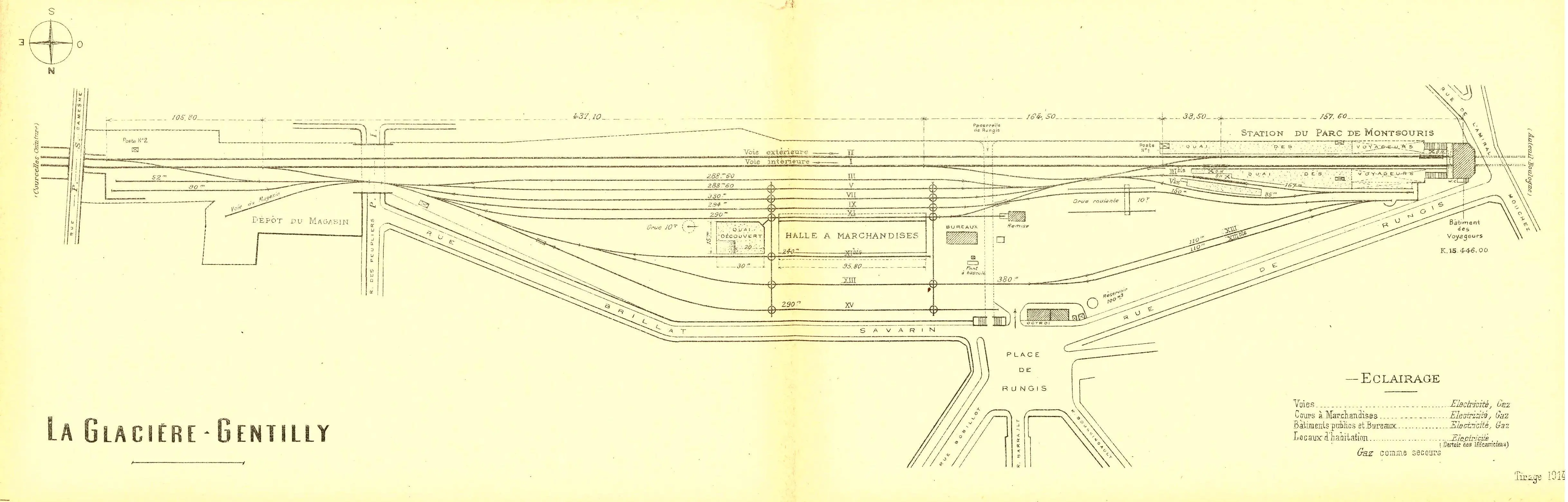 Plan des installations de la gare aux marchandises de la Glacière-Gentilly et de la station Parc Montsouris en 1914
