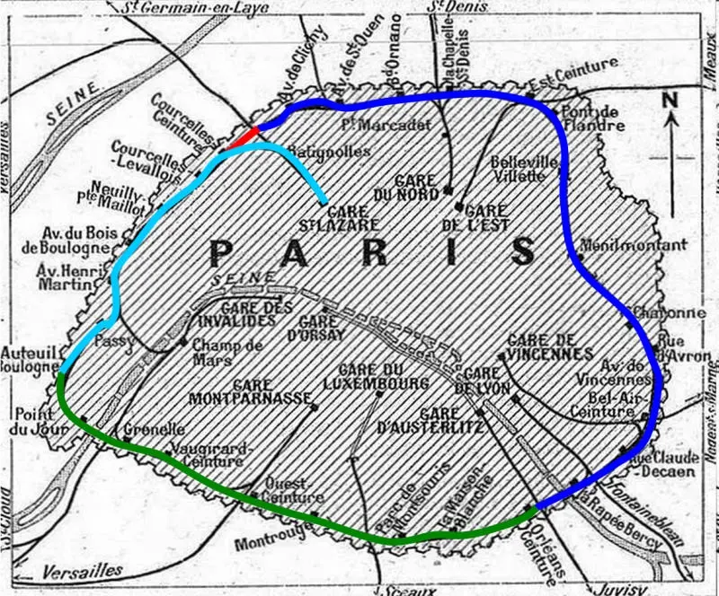 Carte des quatre sections constituantes de la Petite Ceinture et les dates de leurs mises en service respectives 