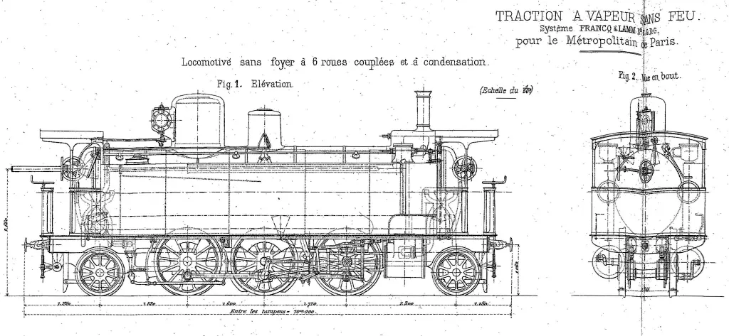 Plan de la locomotive de Léon Francq prévue pour le projet de chemin de fer métropolitain de 1886