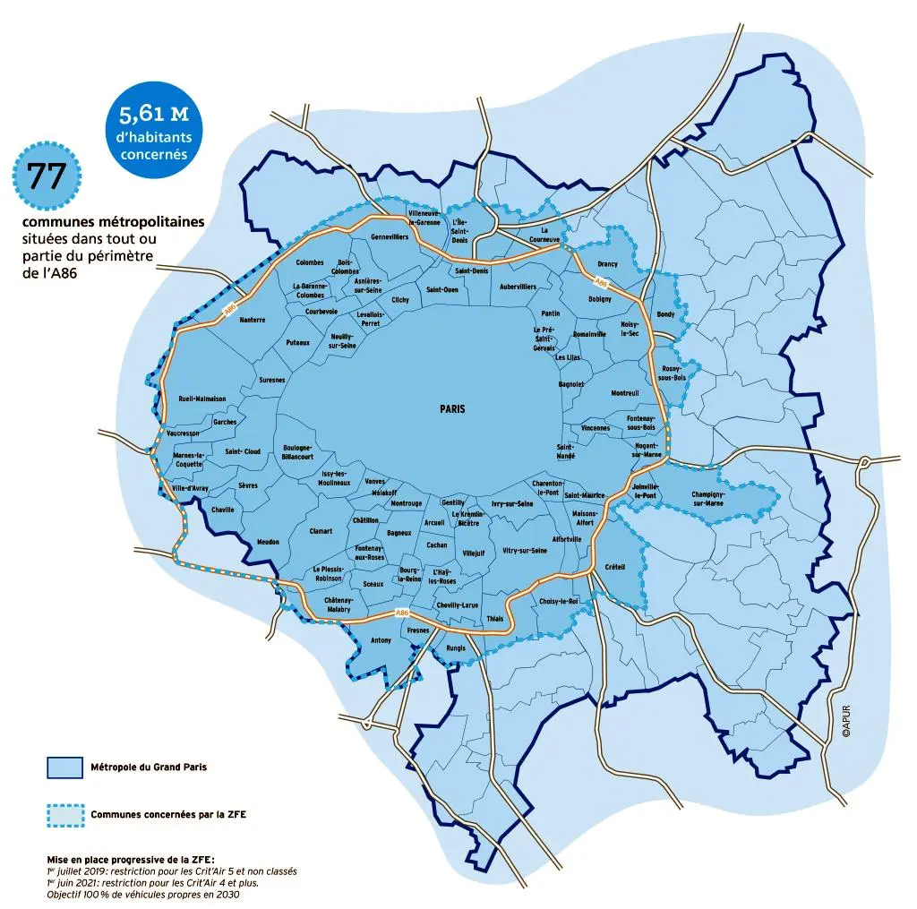 Carte des communes concernées par la Zone à Faibles Emissions en 2022
