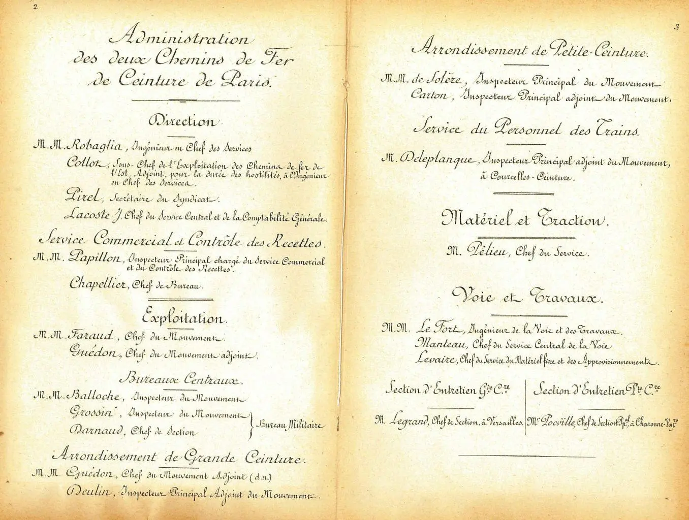 Administration des deux Chemins de Fer de Ceinture de Paris en 1914