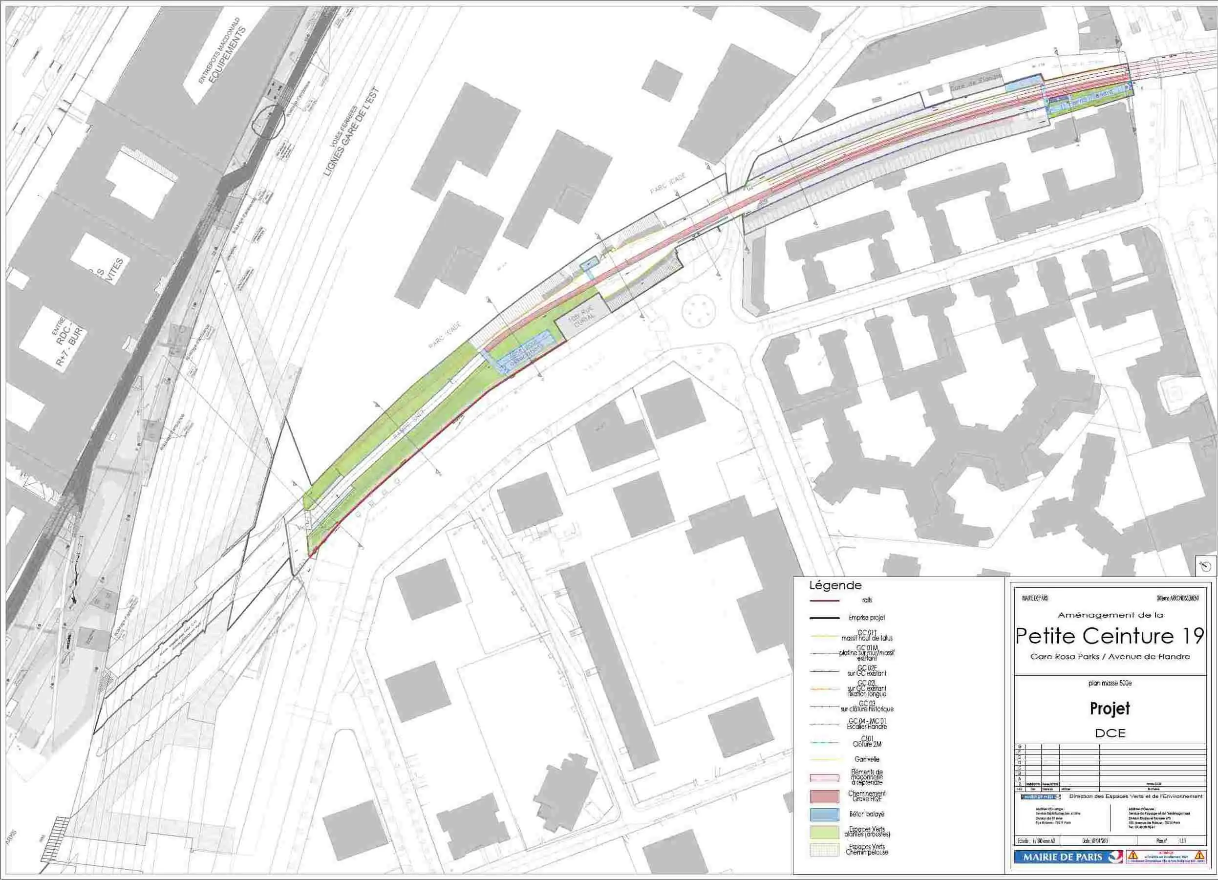 Plan masse de la promenade entre la gare Rosa Parks et l'avenue de Flandre 