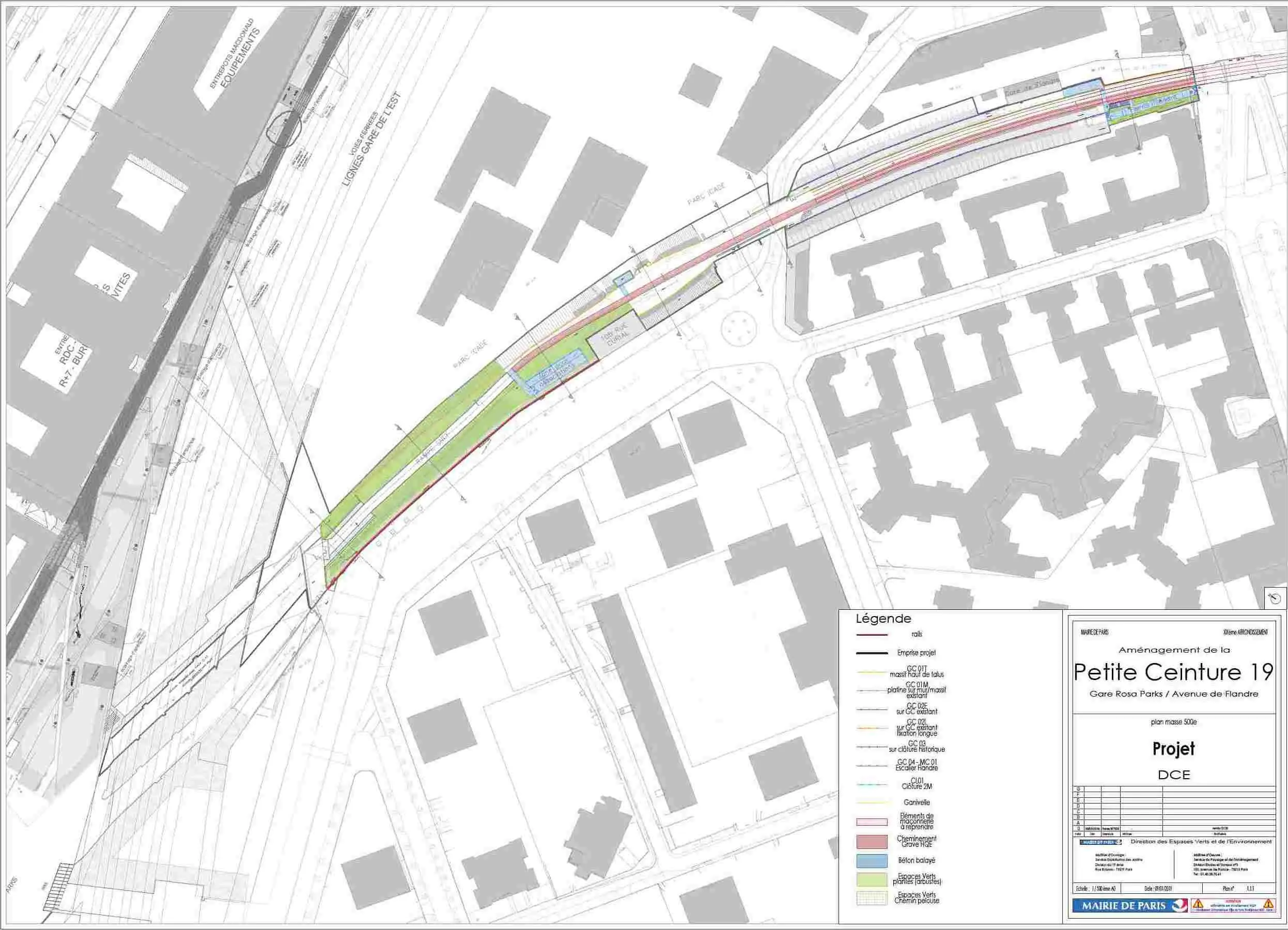 Plan masse de la promenade entre la gare Rosa Parks et l'avenue de Flandre