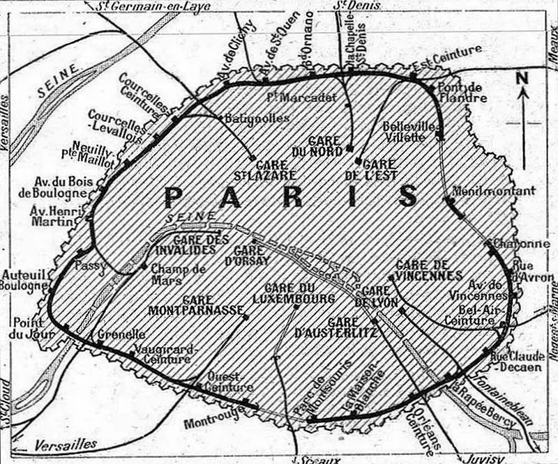 La Petite Ceinture et ses gares à partir de 1900 (trait gras) 