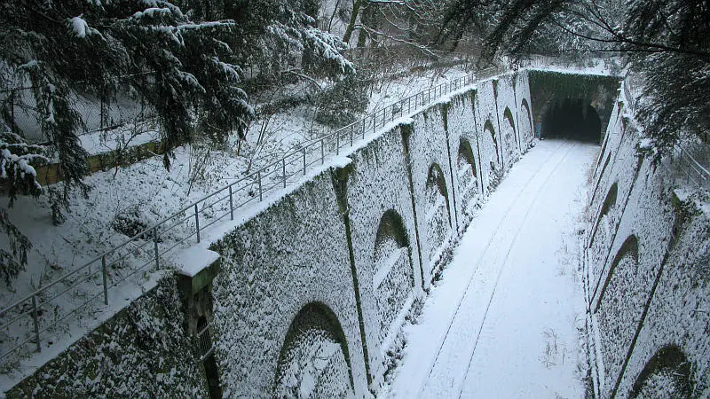 Tranchée de la Petite Ceinture dans le parc Montsouris sous la neige 