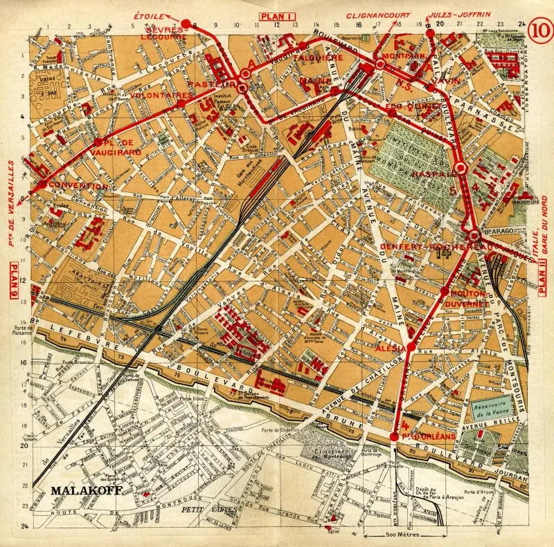 Plan des quartiers traversés par la Petite Ceinture ferroviaire entre les stations de l'Ouest-Ceinture et Parc Montsouris 