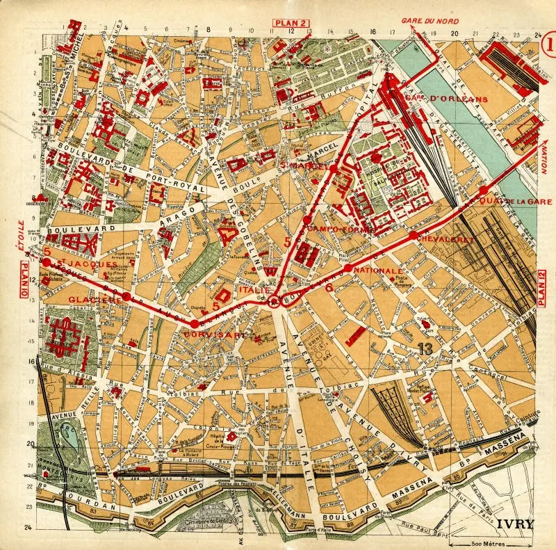 Plan des quartiers traversés par la Petite Ceinture ferroviaire entre les stations Parc Montsouris et de l'Orléans-Ceinture 
