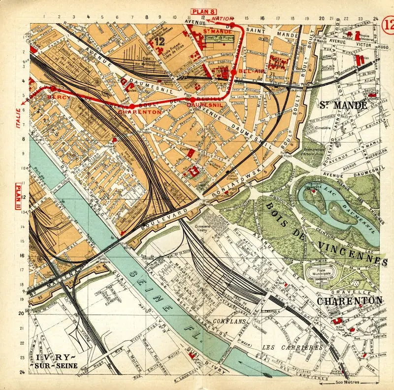 Plan des quartiers traversés par la Petite Ceinture ferroviaire entre les stations de l'Orléans-Ceinture et Cours de Vincennes 