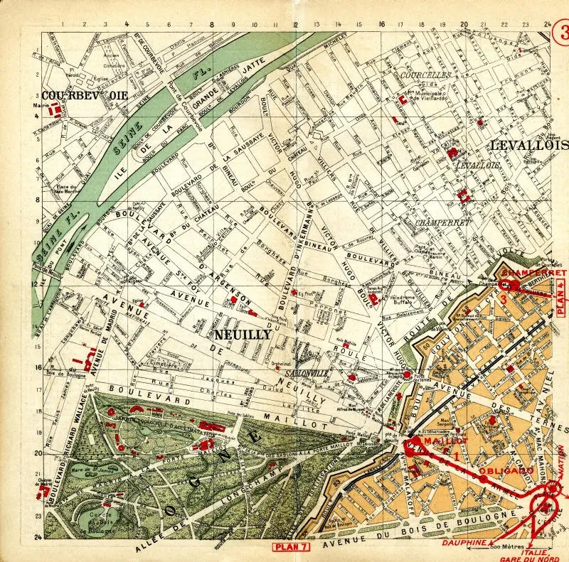 Plan des quartiers traversés par la Petite Ceinture ferroviaire entre les stations Courcelles-Levallois et Avenue du Bois de Boulogne 