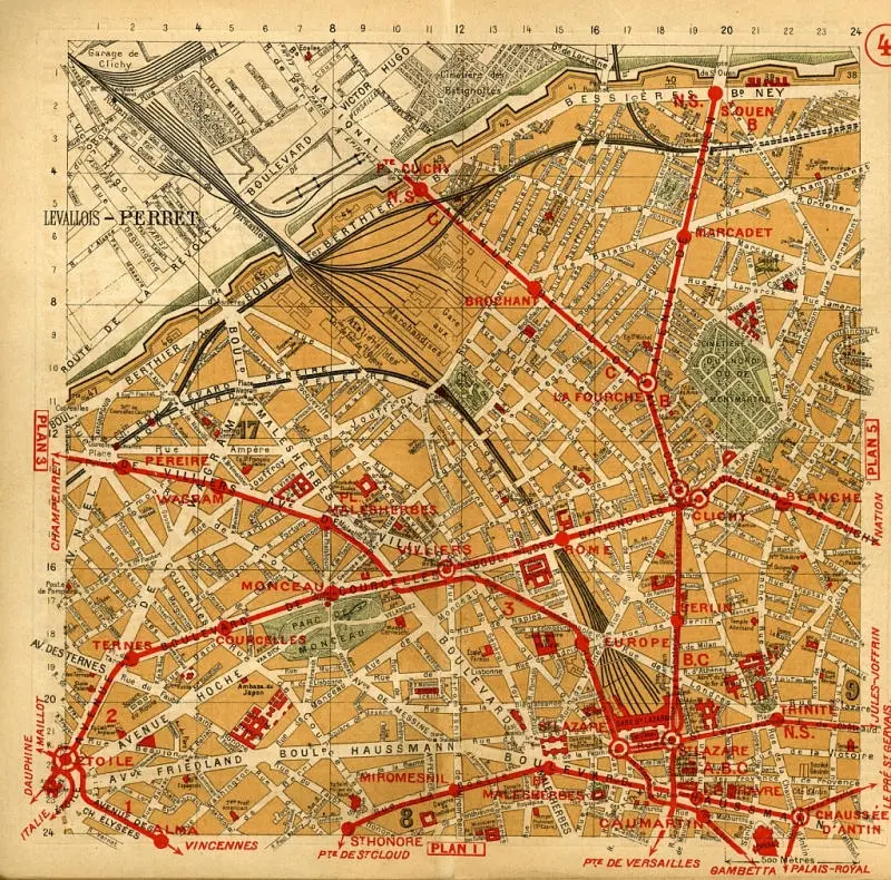 Plan des quartiers traversés par la Petite Ceinture ferroviaire entre les stations de l'Avenue de Saint-Ouen et Courcelles-Levallois 