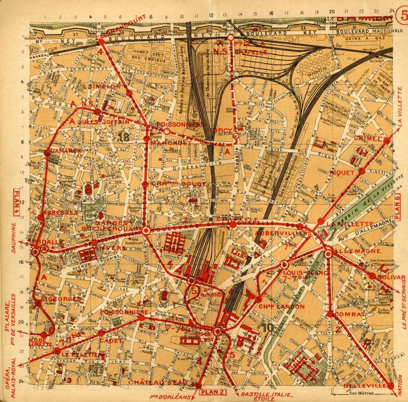 Plan des quartiers traversés par la Petite Ceinture ferroviaire entre les stations Est-Ceinture et de l'Avenue de Saint-Ouen 