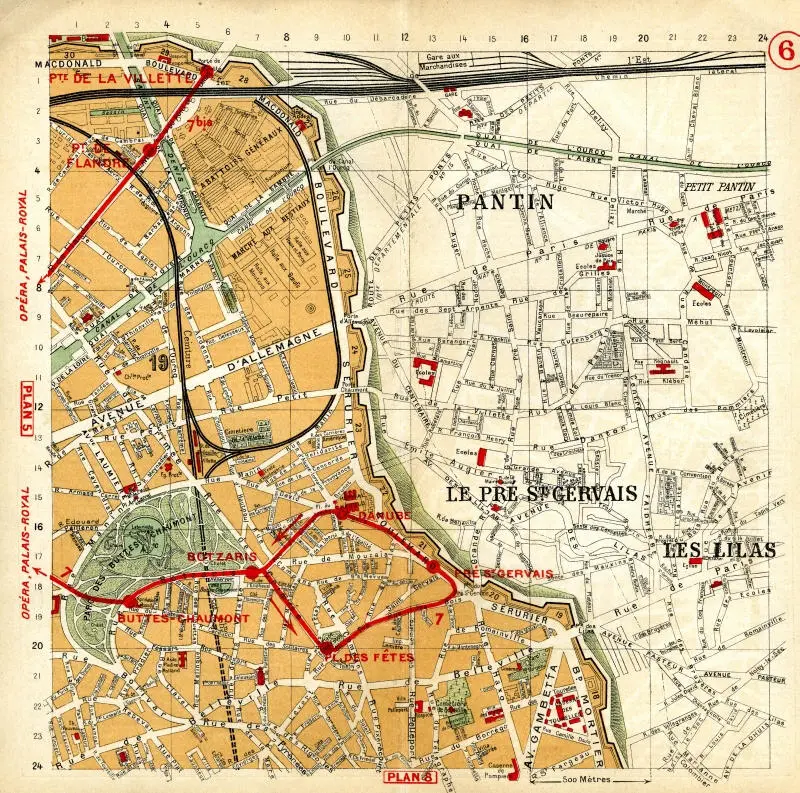 Plan des quartiers traversés par la Petite Ceinture ferroviaire entre les stations Belleville-Villette et Est-Ceinture 