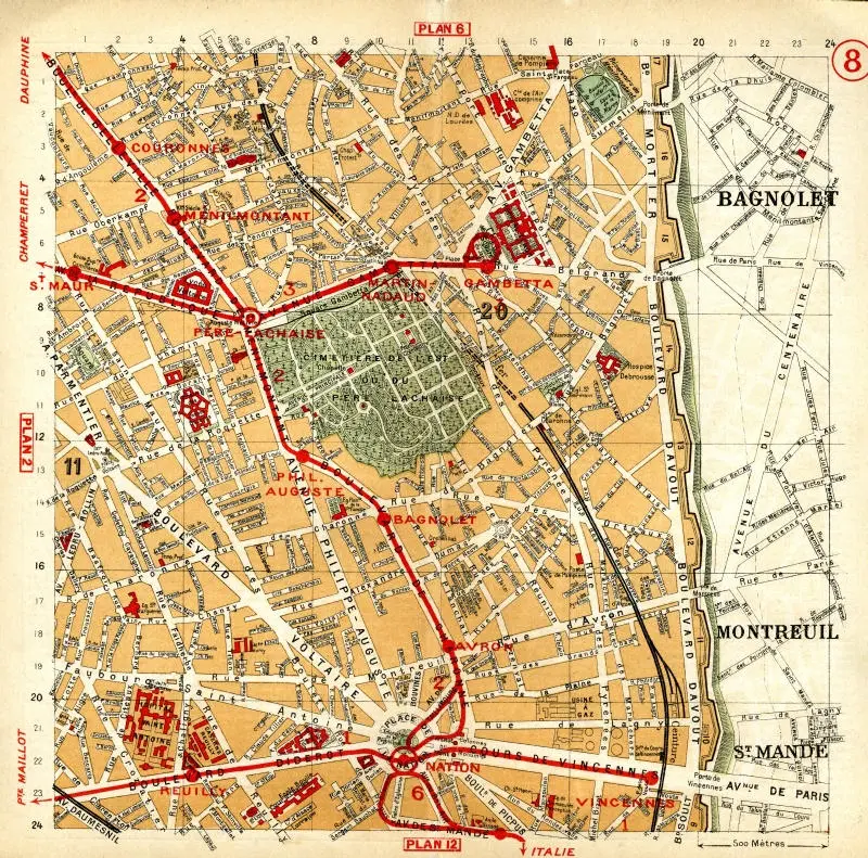 Plan des quartiers traversés par la Petite Ceinture ferroviaire entre les stations Cours de Vincennes et Belleville-Villette 