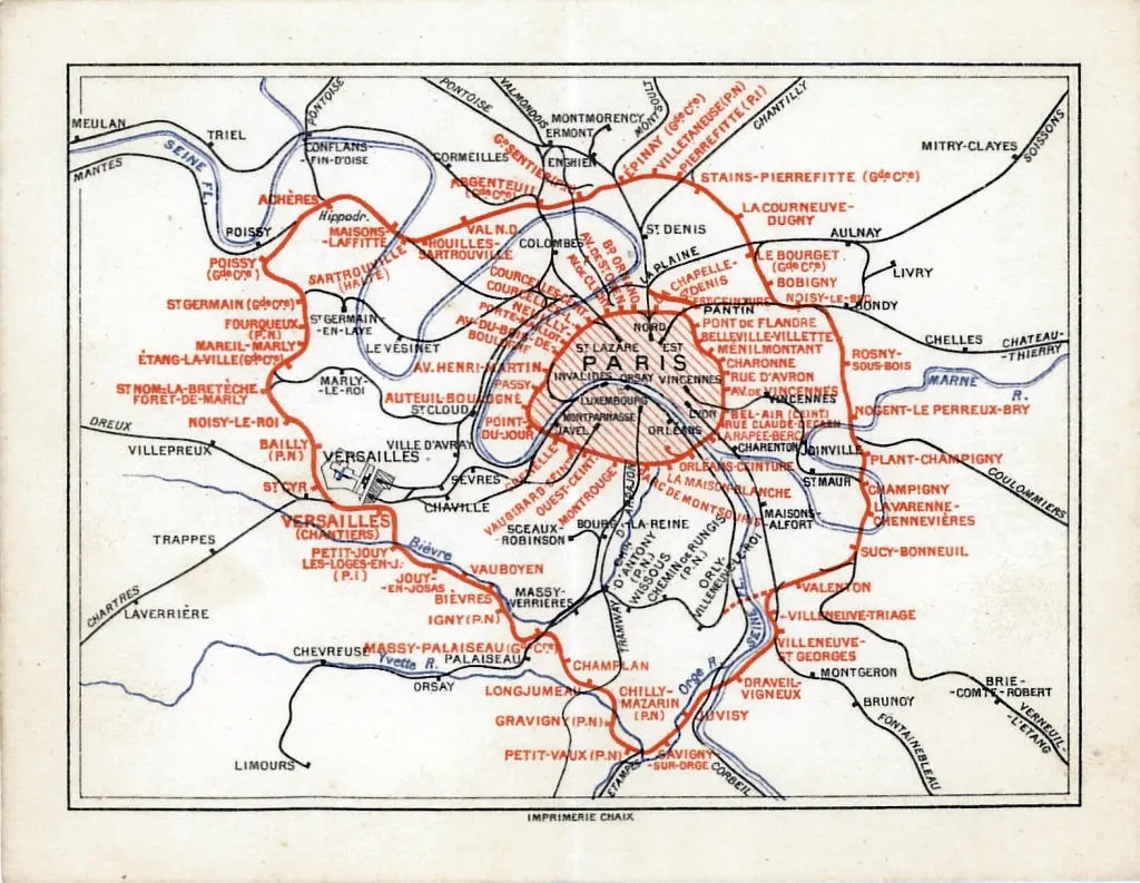 Plan de la Petite Ceinture et de la Grande Ceinture en 1910 faisant apparaître les noms des gares de voyageurs 