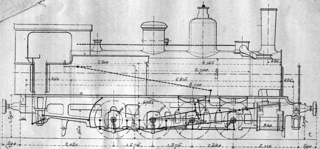 Plan en élévation des locomotives 040 T n°8 à 13 du Chemin de fer de Ceinture 