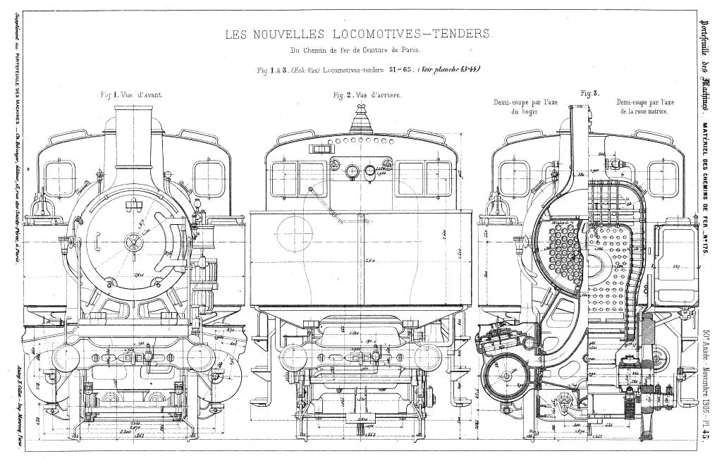 Vue d'avant, d'arrière et de demi-coupe des locomotives 230 T Ceinture 51 à 65