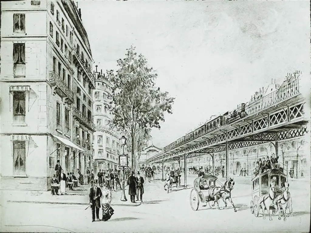Viaduc et station aérienne du projet de chemin de fer métropolitain de la Compagnie des Établissements Eiffel